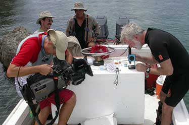 Film crew filming Dr. Bill Gerwickon-board lab work